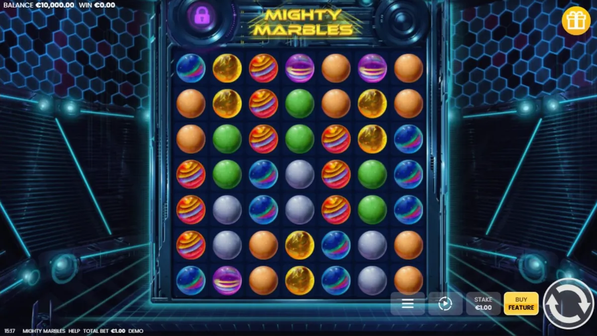 Tampilan visual slot Mighty Marbles dengan tema kosmik dan neon