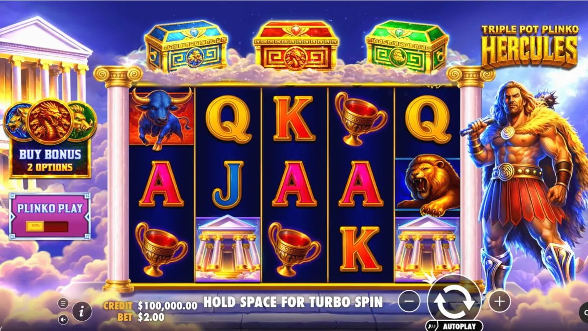 Tampilan visual slot Triple Pot Plinko – Hercules dengan tema mitologi Yunani dan elemen Plinko yang modern.